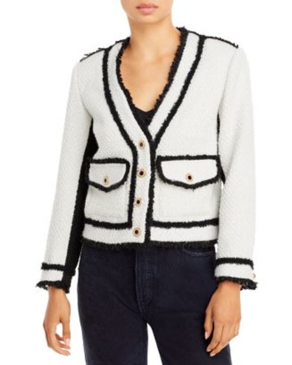 Aqua Boucle Contrast Cream Black Tweed Colorblock Long Sleeve Blazer Jacket S